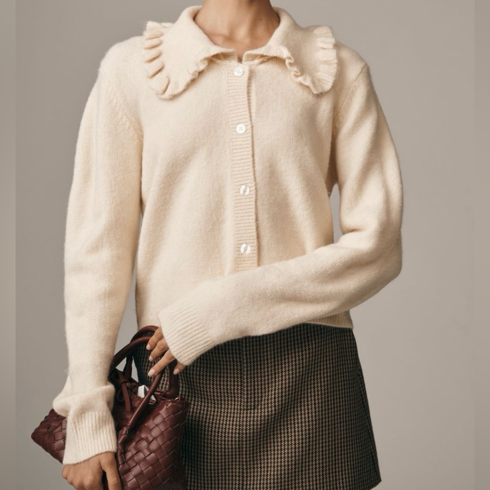Maeve Ainsley Ruffle-Collar Cardigan Sweater by Self Contrast Ivory Cream Soft S